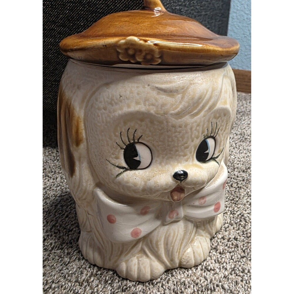 Vintage Japan Dog Cookie Jar Ceramic Canister Lid Tan Bow Hat Retro Puppy Kitsch